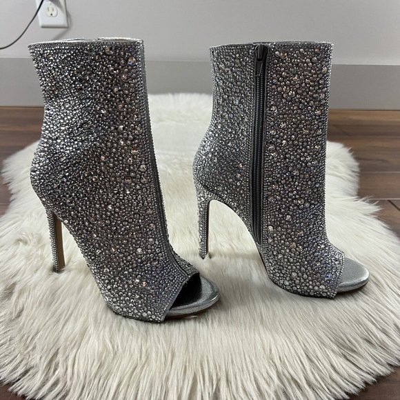 Steve Madden Size 6.5 Silver Dispute R Embellished  Peep Toe Stiletto Boot - Picture 4 of 12